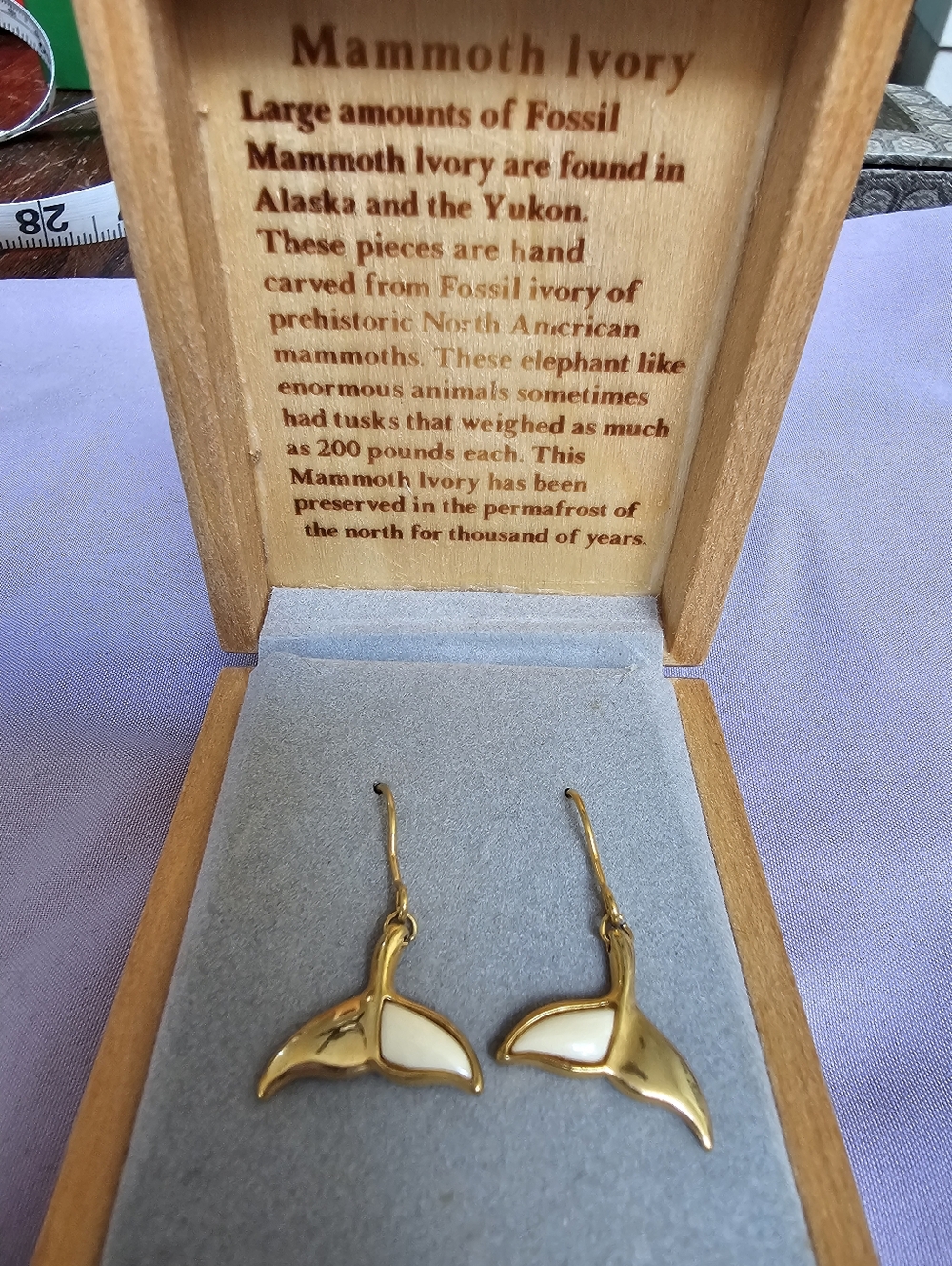 Gold Whale Tail Drop Earrings with Ivory Inlay